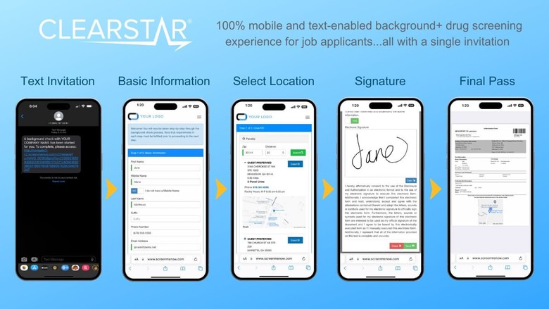 Integrated mobile & text enabled background + drug screening experience