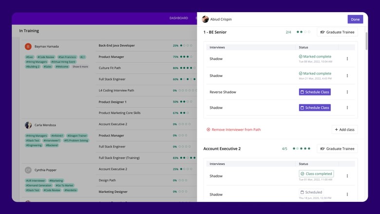 Create and manage multiple training paths and automatically assign shadowing and reverse shadowing opportunities. Enroll trainees and monitor team member progress all from one dashboard.