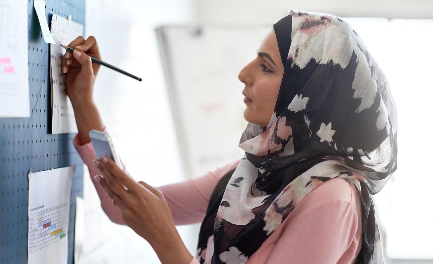 Woman in headscarf writing on whiteboard