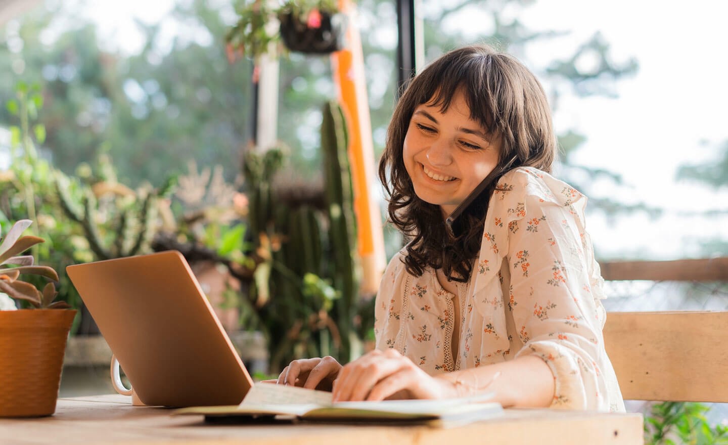 Woman working outside at home