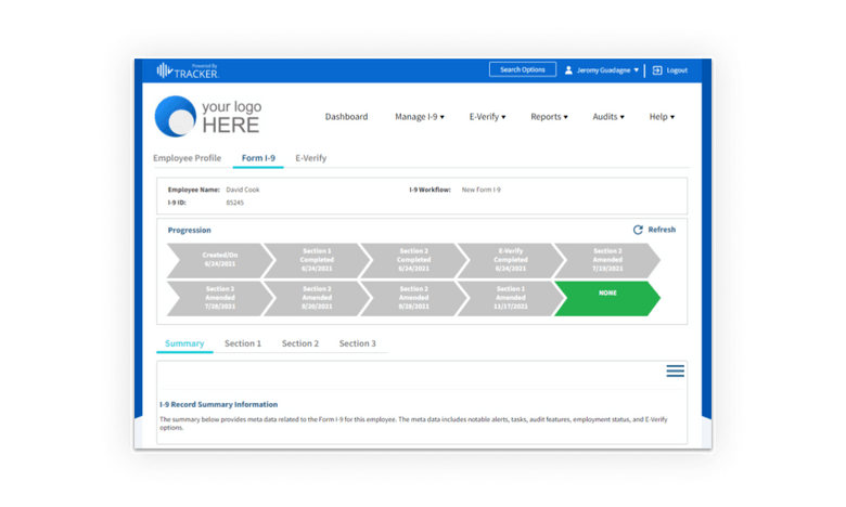 Dashboards will show a high-level overview of all Form I-9 related information in the main dashboard, and highlight summaries of each section in the respective employee’s profile.