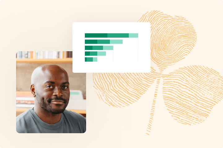 Collage of bar chart ui man smiling wearing grey sweater and marigold fingeprint leaf illustration