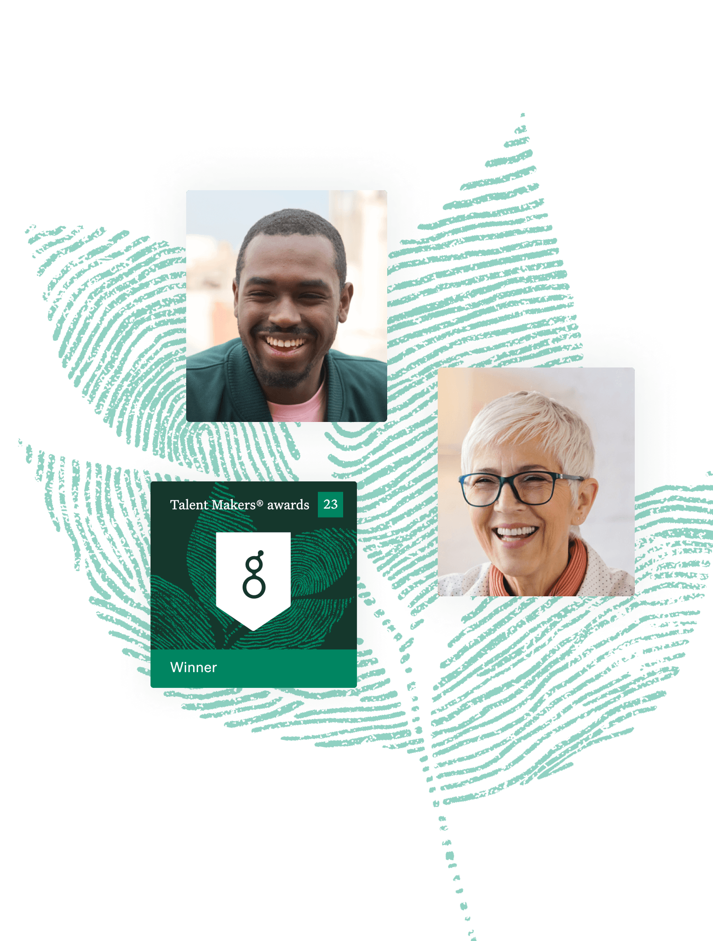 Collage of three smiling people and fingerprint illustration and winner