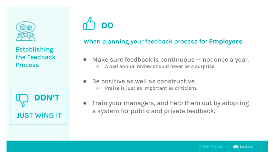 Sample slide from the Speakers from the do's and don'ts of delivering feedback to candidates and employees presentation