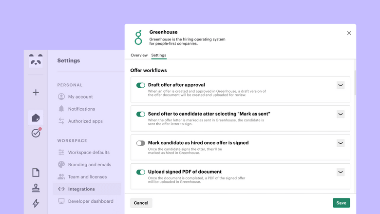 Set up the automations for drafting, sending, storing of the PandaDoc documents directly from Greenhouse.