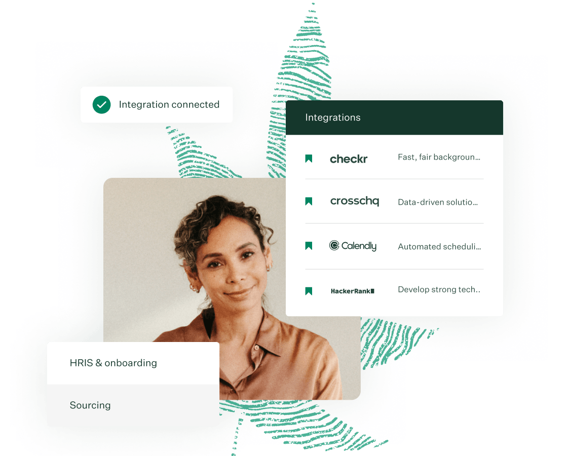 Greenhouse integrations ecosystem UI with fingerprint leaf collage M 300
