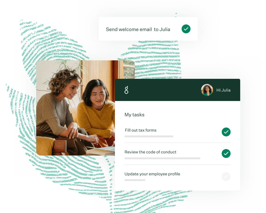Greenhouse Onboarding dashboard tasks UI women collaborating in warm toned office and green fingerprint leaf illustration collage M 300
