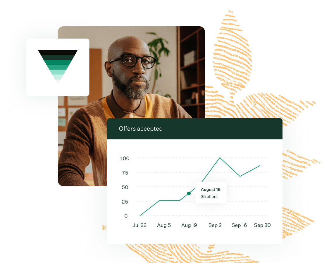 Greenhouse reports offers accepted UI man posing in marigold shirt and marigold fingerprint leaf illustration collage M 300