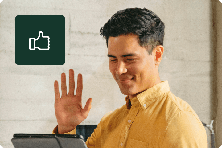 Greenhouse scorecard icon thumbs up and man waving at a person on screen