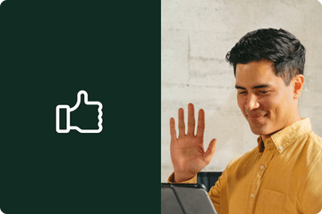 Greenhouse scorecard icon thumbs up and office worker waving to person virtually