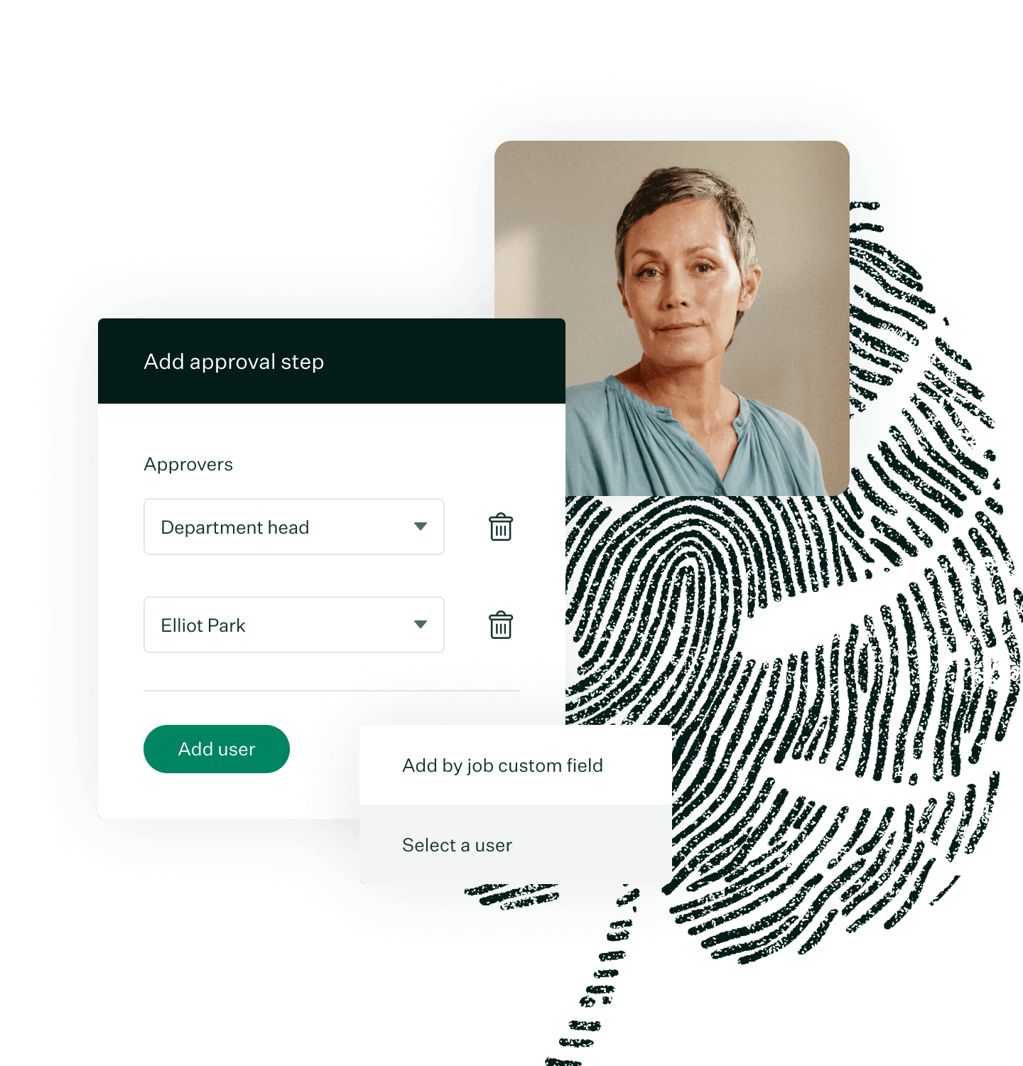 Job approvals ui woman in blue shirt portrait and fingerprint leaf illustration