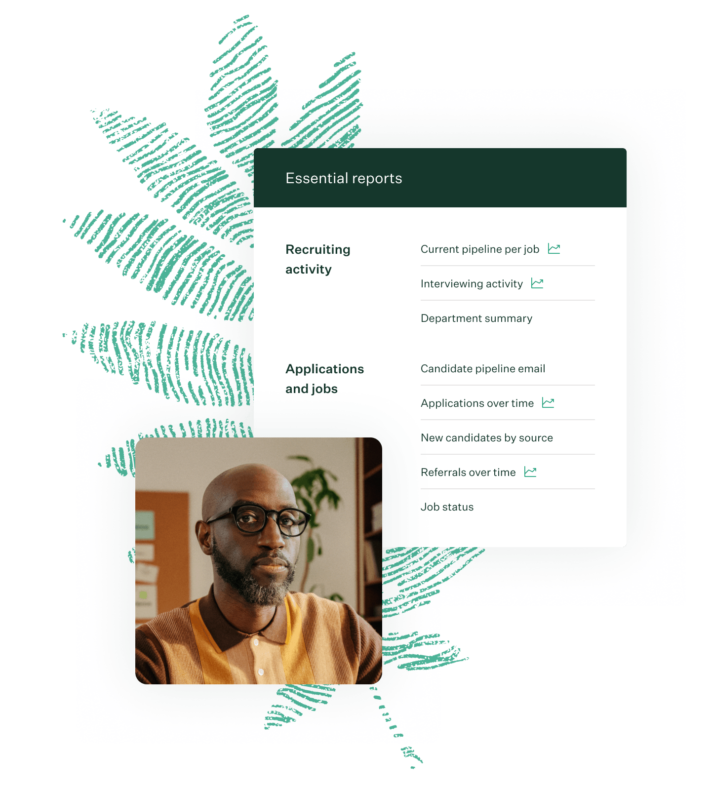 Man wearing yellow collared shirt in office with Greenhouse essential reports UI and green fingerprint leaf illustration new
