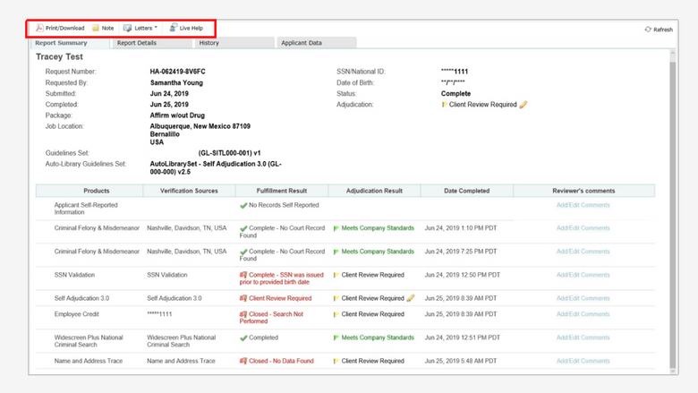 Recruiters can see which parts of the background check are complete and when open items will be completed.