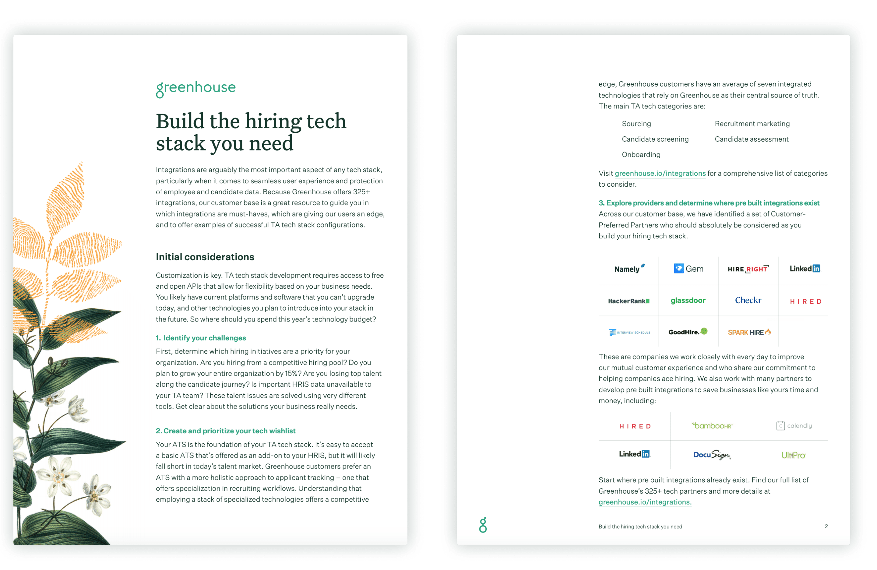 Sample pages of the Greenhouse seamless integrations and tech stack guide