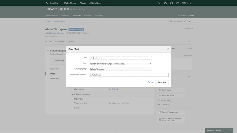 Recruiters can send HackerRank Tests from inside Greenhouse.