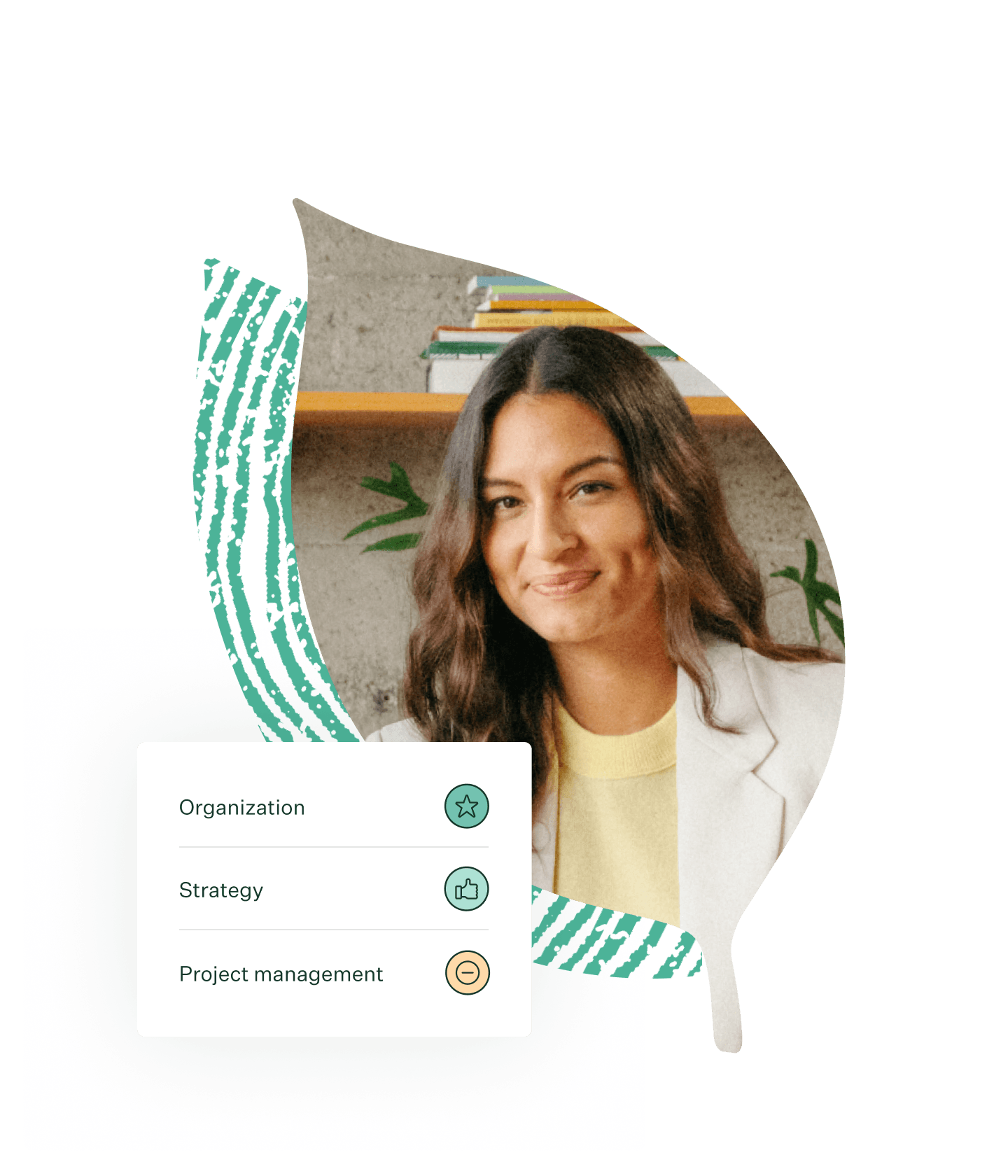 Smiling woman in white suit with bookshelf in background silo leaf motif and Greenhouse scorecard UI