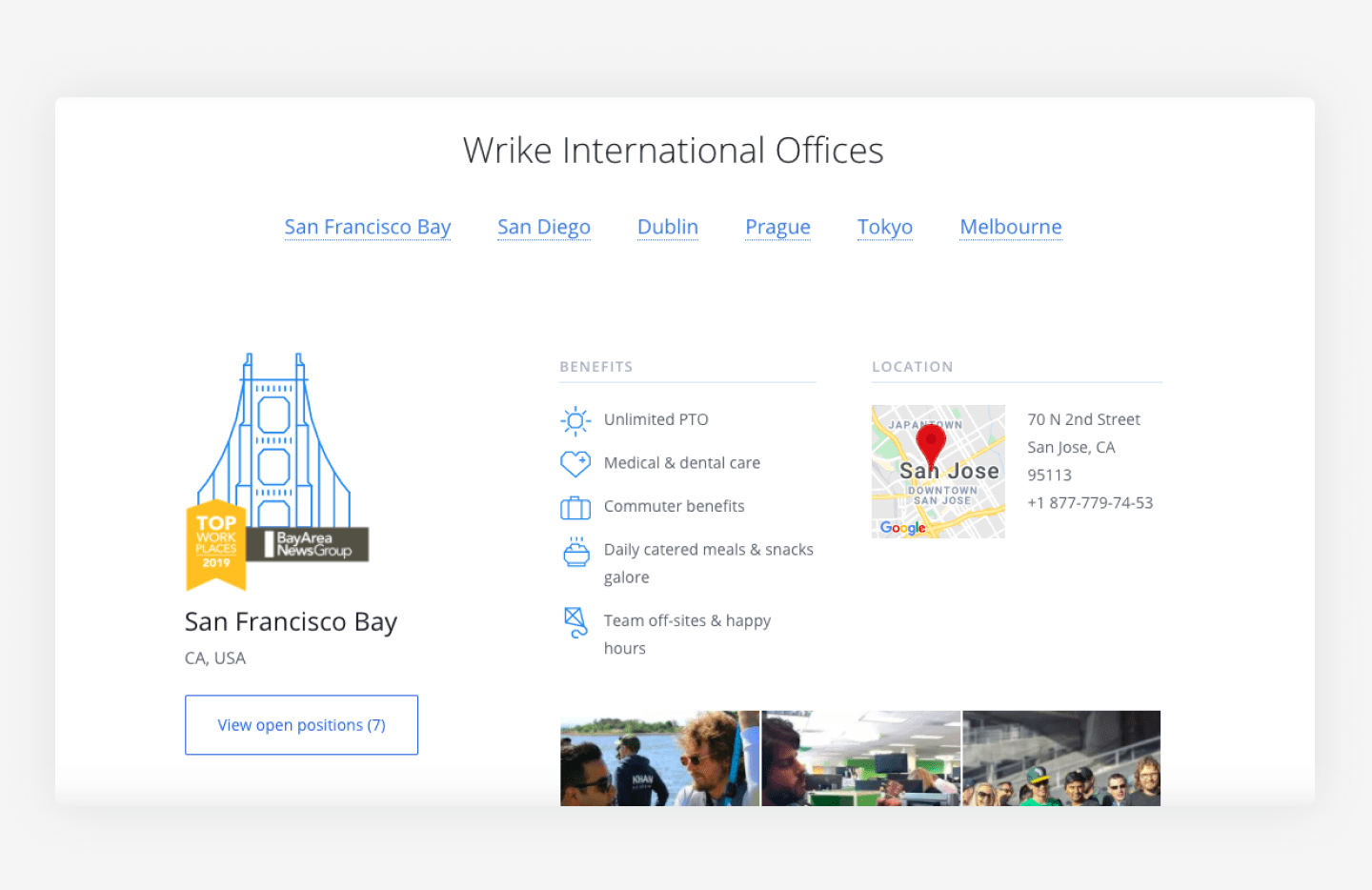 Wrike's website career page example of their office locations